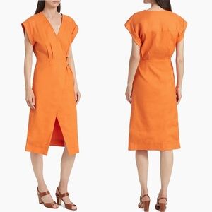 Veronica Beard Octavia Linen-Blend Wrap Midi Dress Orange Size 2 NEW